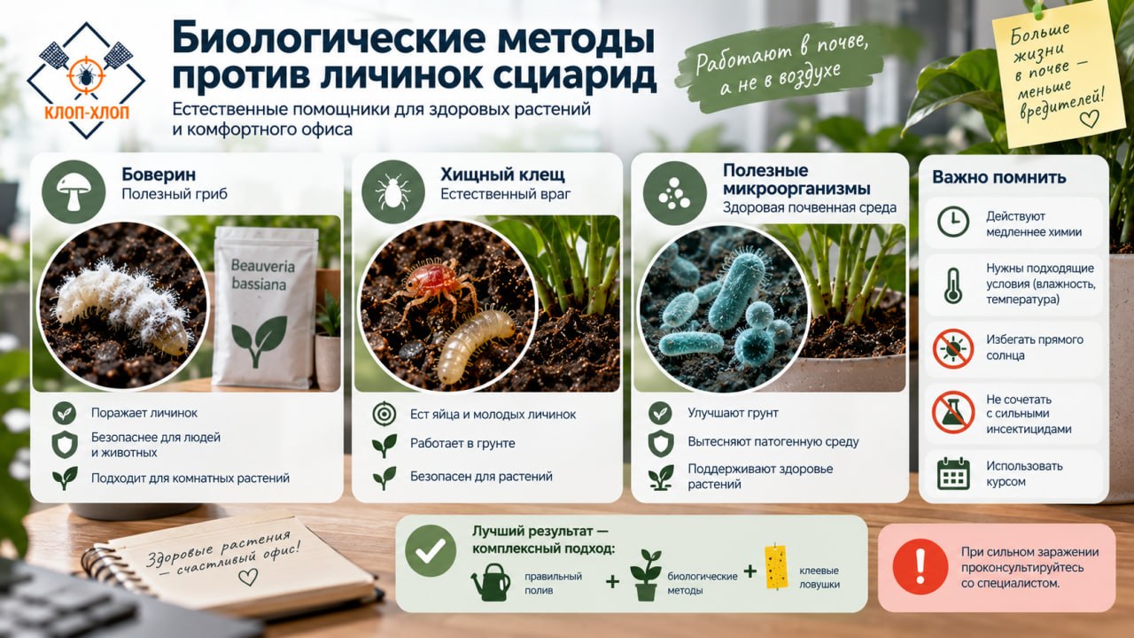 Биологические методы: Боверин, хищный клещ и полезные микроорганизмы против личинок сциарид